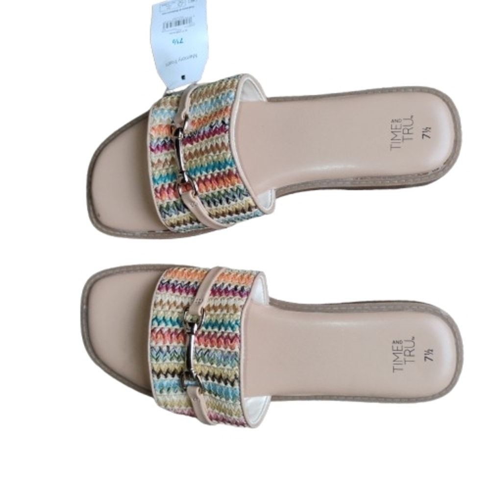NWT Time and Tru Multicolor Woven Slide Sandals – Horsebit Detail – Size 7.5